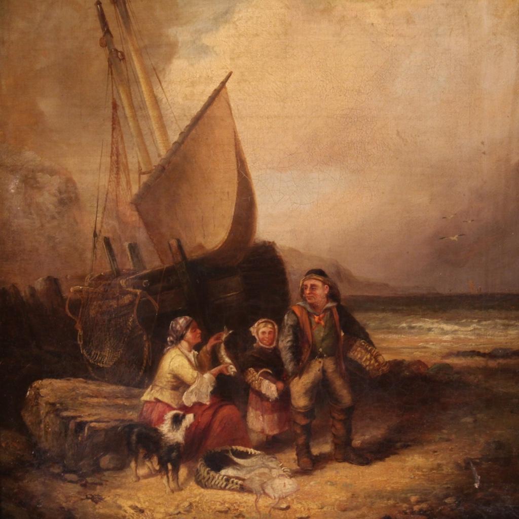 Antique English painting dated 1868. Oil on canvas artwork, first canvas, depicting a seascape with fishermen and boats of good pictorial quality. Finely carved, chiseled and gilded wood and plaster frame, beautifully decorated with some signs of