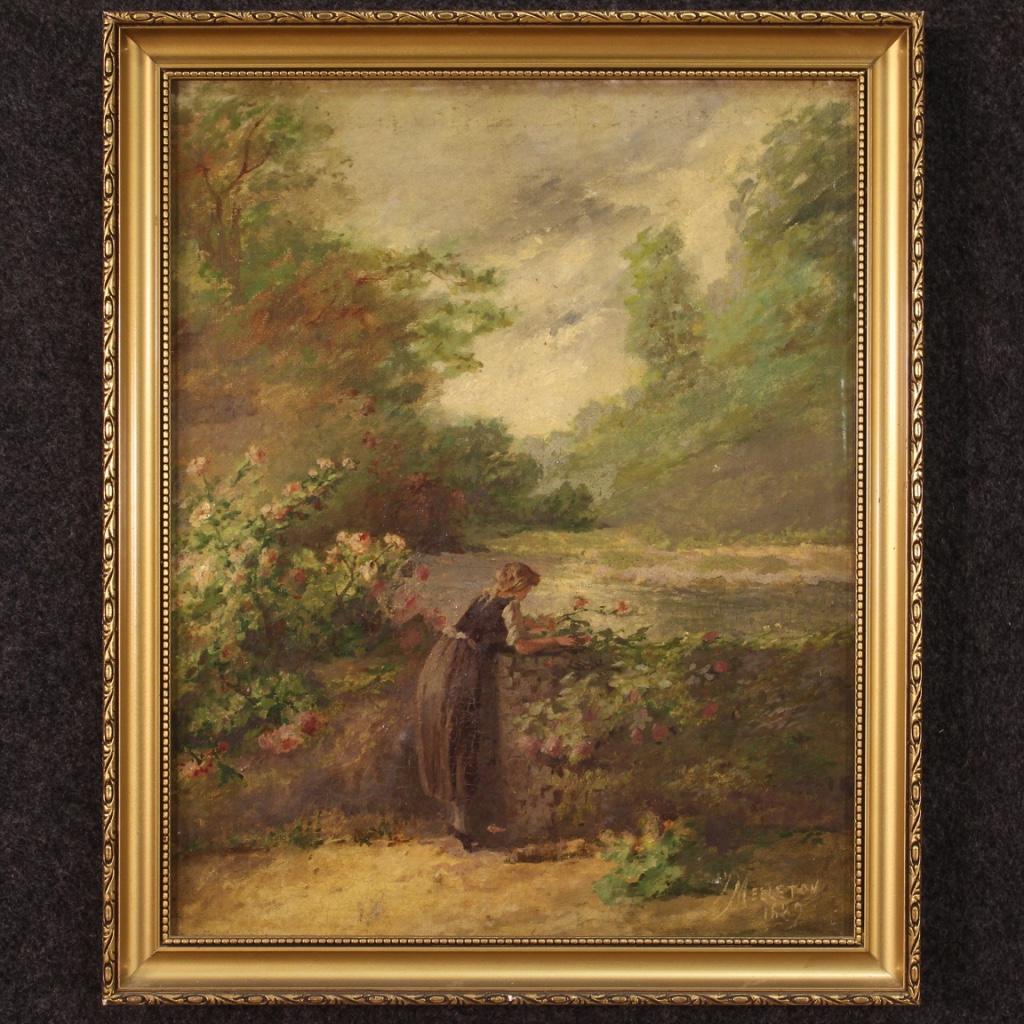 French painting dated 1889. Oil on canvas framework, on the first canvas, depicting a romantic landscape in impressionist style Girl among the roses of good pictorial quality. Painting signed and dated lower right (see photo) signature under studio.