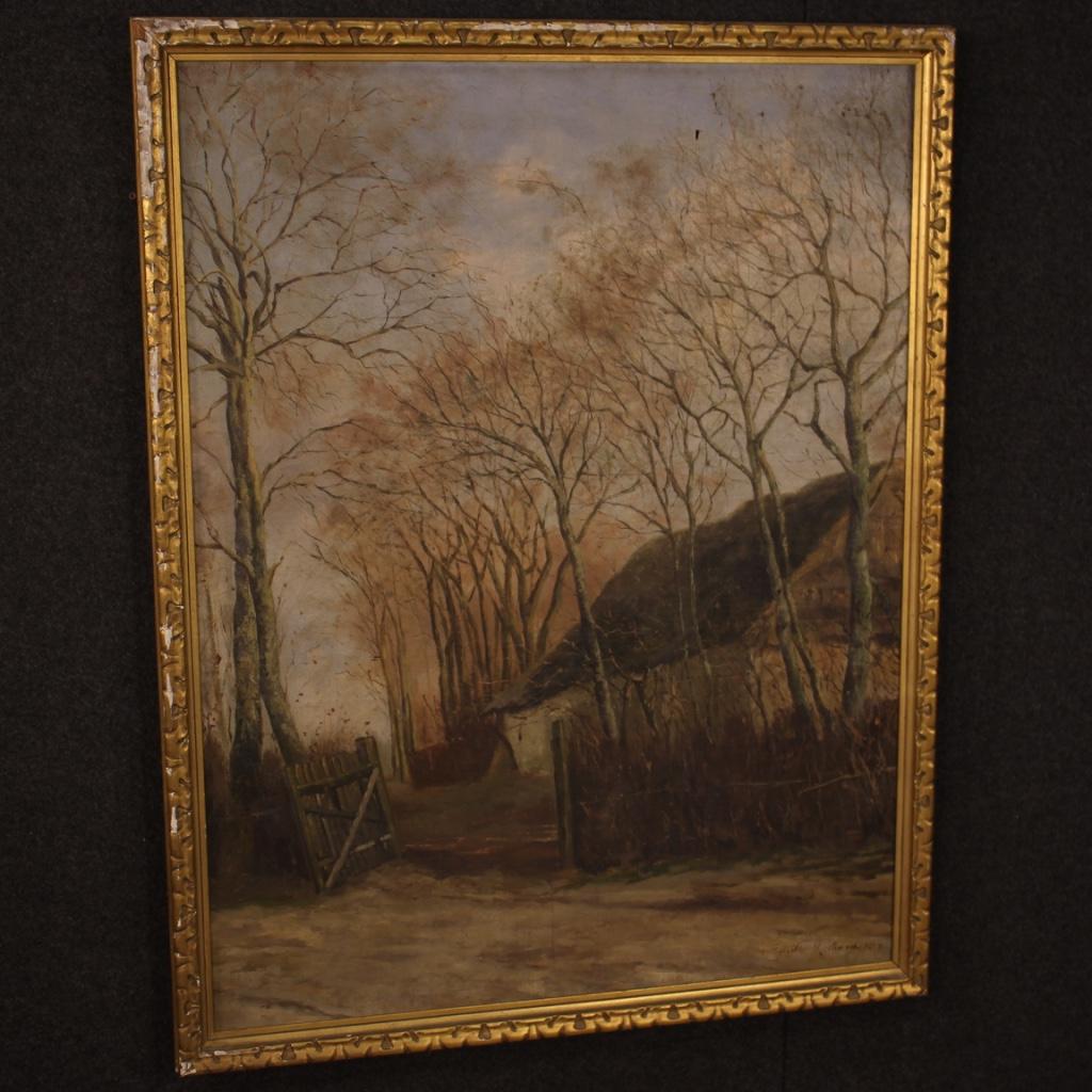 Antique French painting dated 1887. Oil painting on canvas, in first canvas, depicting countryside landscape with small house and trees of good pictorial quality. Signed and dated painting in the lower right corner (see photo) Emile Maillard,
