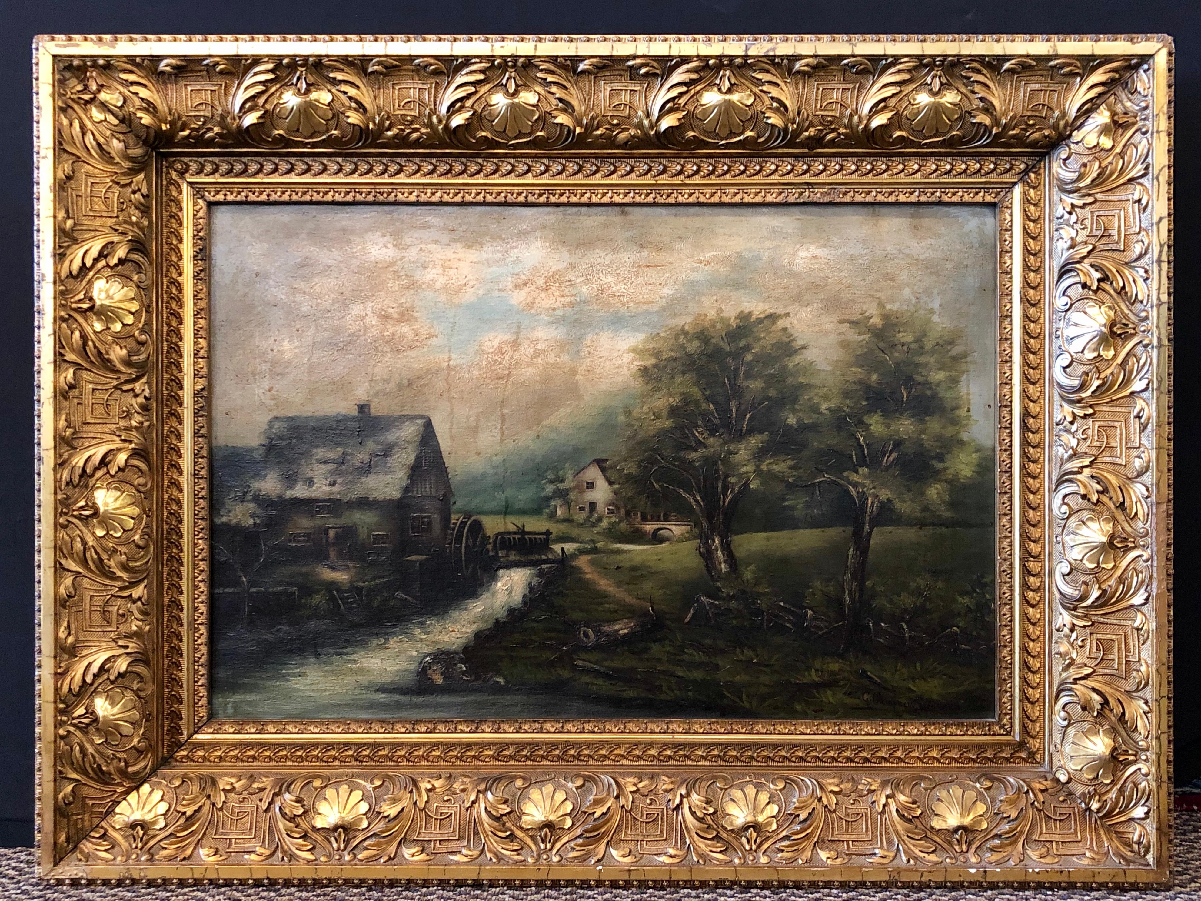 G. Campbell Stoddard oil on canvas. House with water mill in landscape. Signed lower right and dated 1896. In a fine gilt gesso frame. Measures: 17
