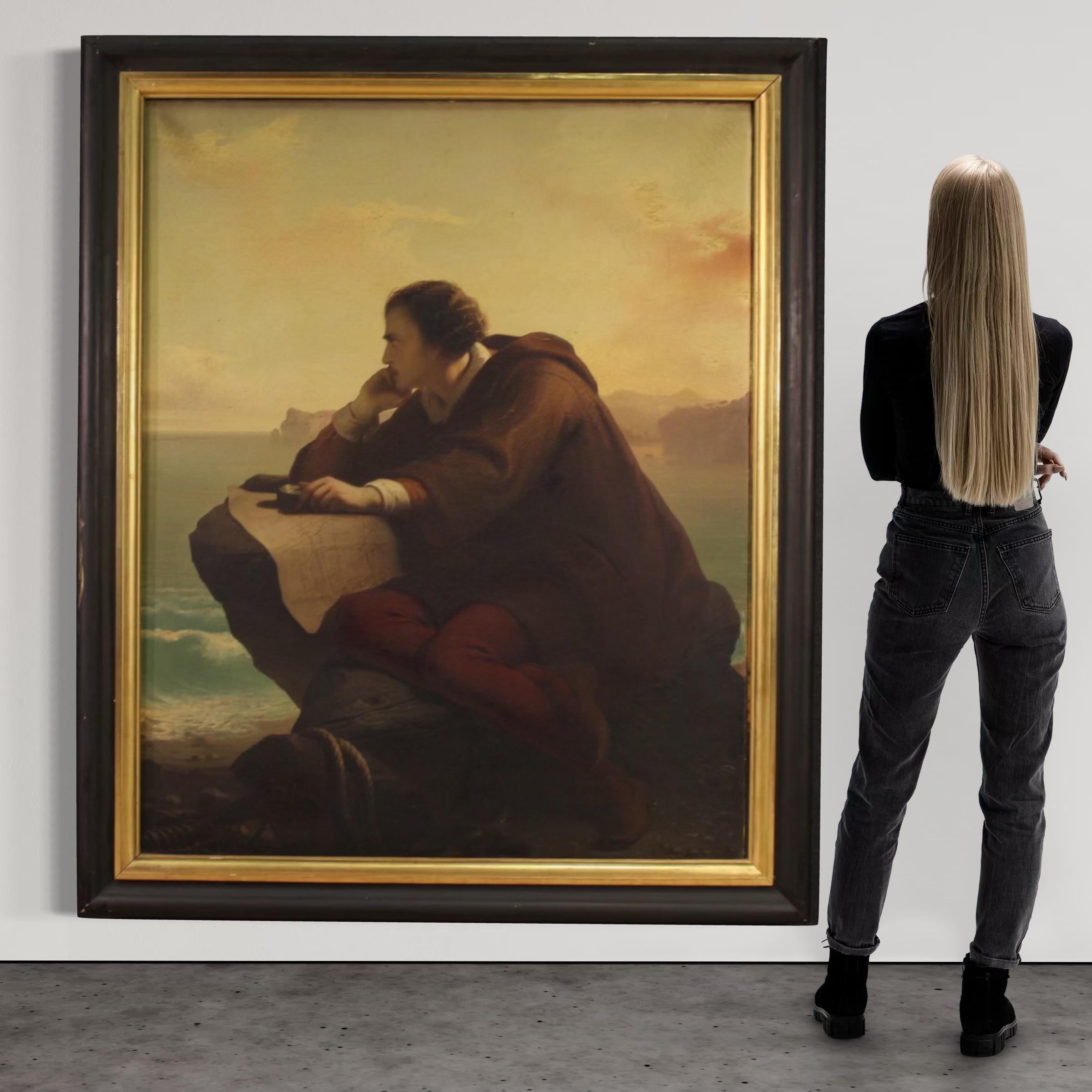 Italian 19th Century Oil on Canvas Signed Mauro Conconi Painting Christopher Colombus in vendita