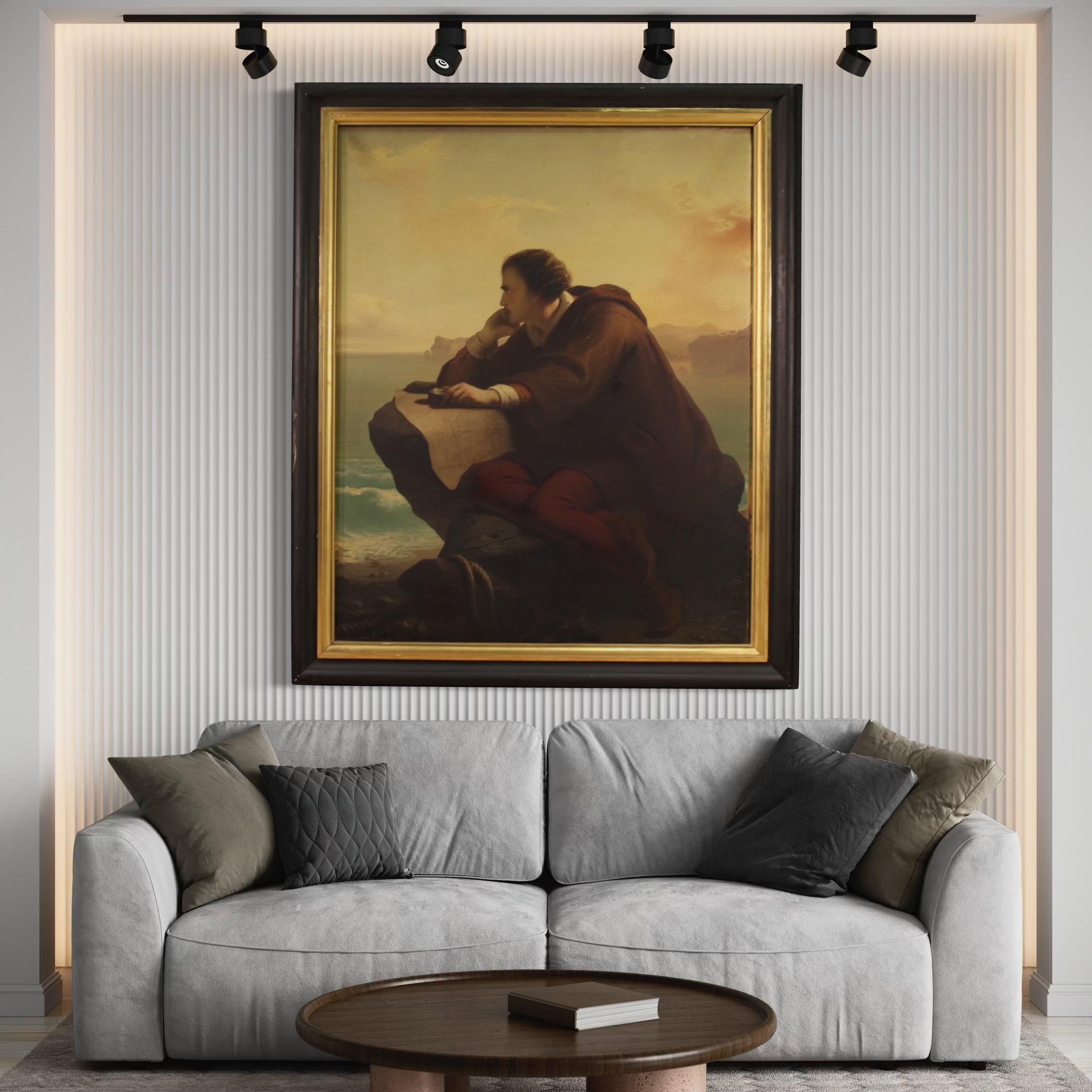 A olio 19th Century Oil on Canvas Signed Mauro Conconi Painting Christopher Colombus in vendita