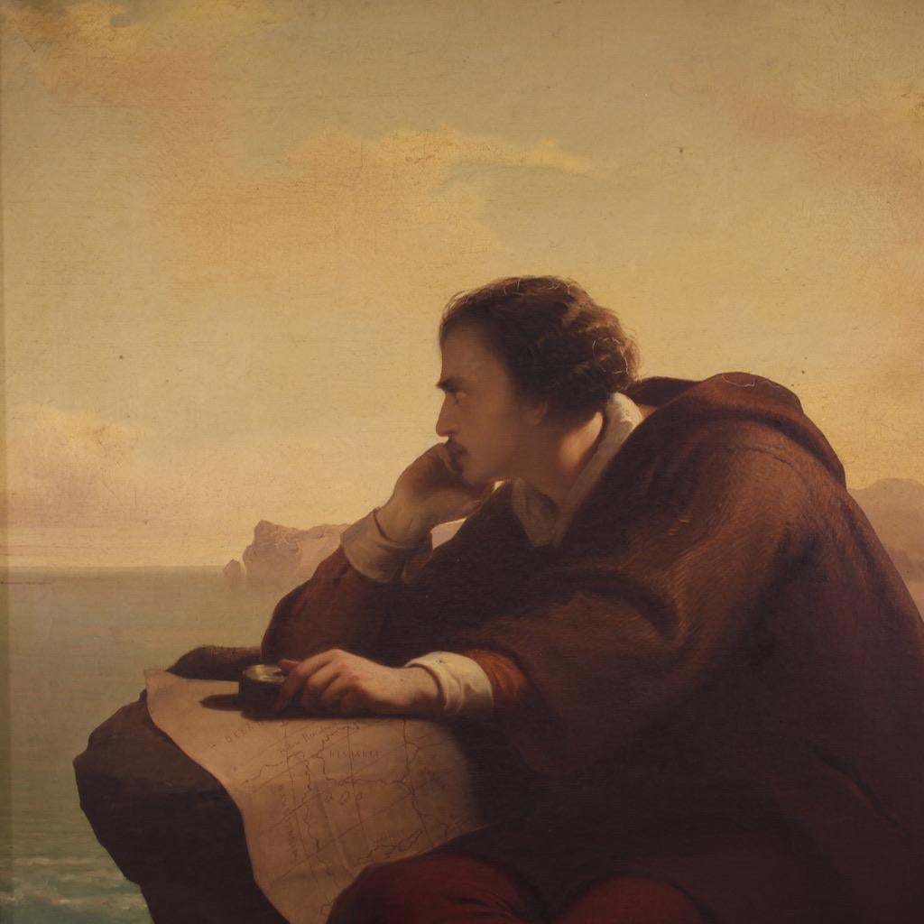 Mid-19th Century 19th Century Oil on Canvas Signed Mauro Conconi Painting Christopher Colombus in vendita