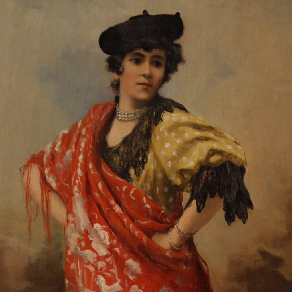 Spanish painting from the late 19th-early 20th century. Framework oil on canvas of great measure and impact that develops on the vertical depicting a portrait of a dancer with a Basque, of excellent pictorial quality. Non-coeval wooden frame, added