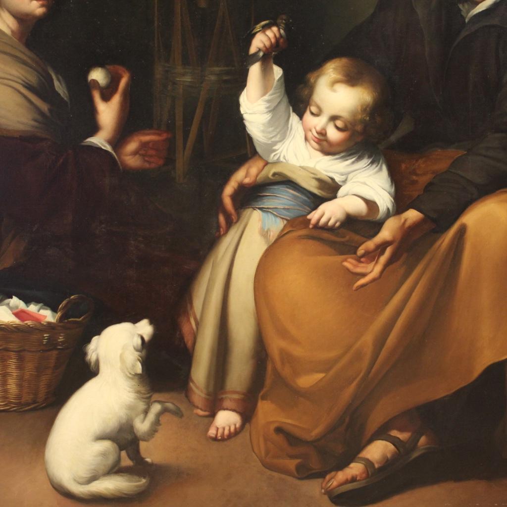 Great Spanish painting from 19th century. Framework oil on canvas depicting a splendid domestic scene, of excellent pictorial quality, finely painted in detail. A child holds a bird while playing with the dog and takes the first uncertain steps