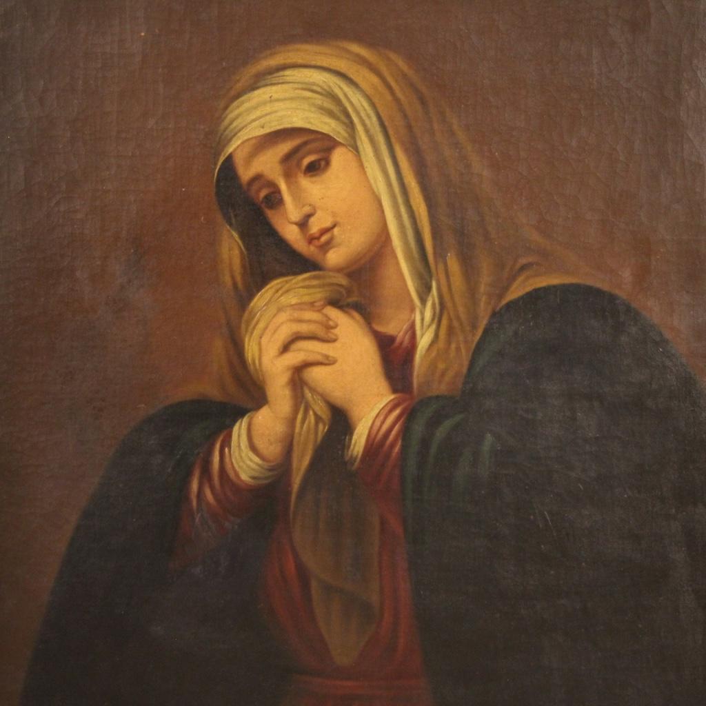 Antique Spanish painting dated 1853. Oil painting on canvas, first canvas, depicting religious subject, representation of the Virgin of good pictorial quality. Large and striking painting with Coeval carved and gilded wood and plaster frame. Frame
