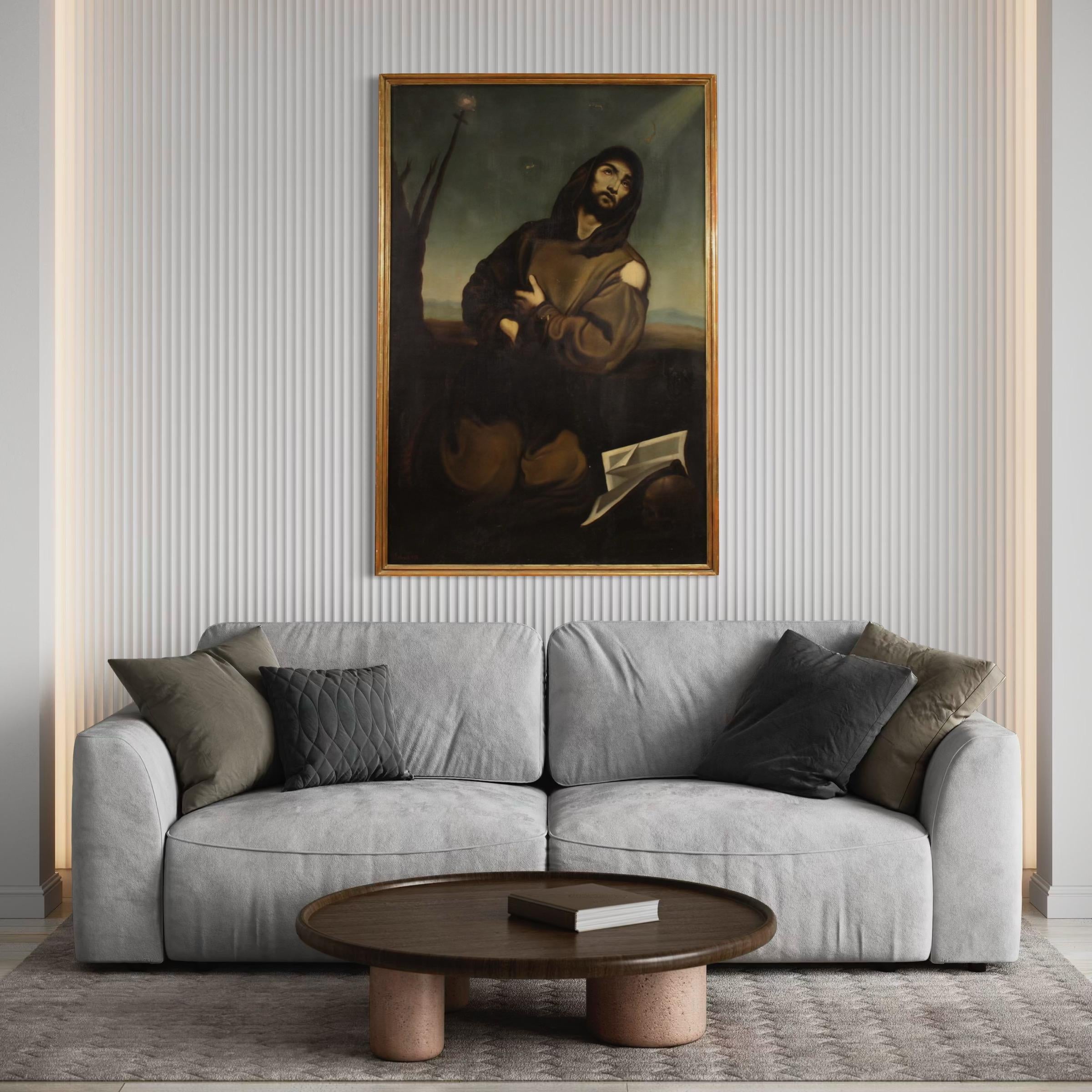 19. Jahrhundert Öl auf Leinwand Spanisch Heiliger Franz von Assisi Gemälde datiert 1865 im Angebot 3