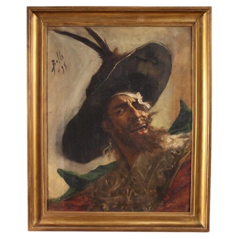 19th Century Oil on Canvas Spanish Signed and Dated Painting Pirate Portrait
