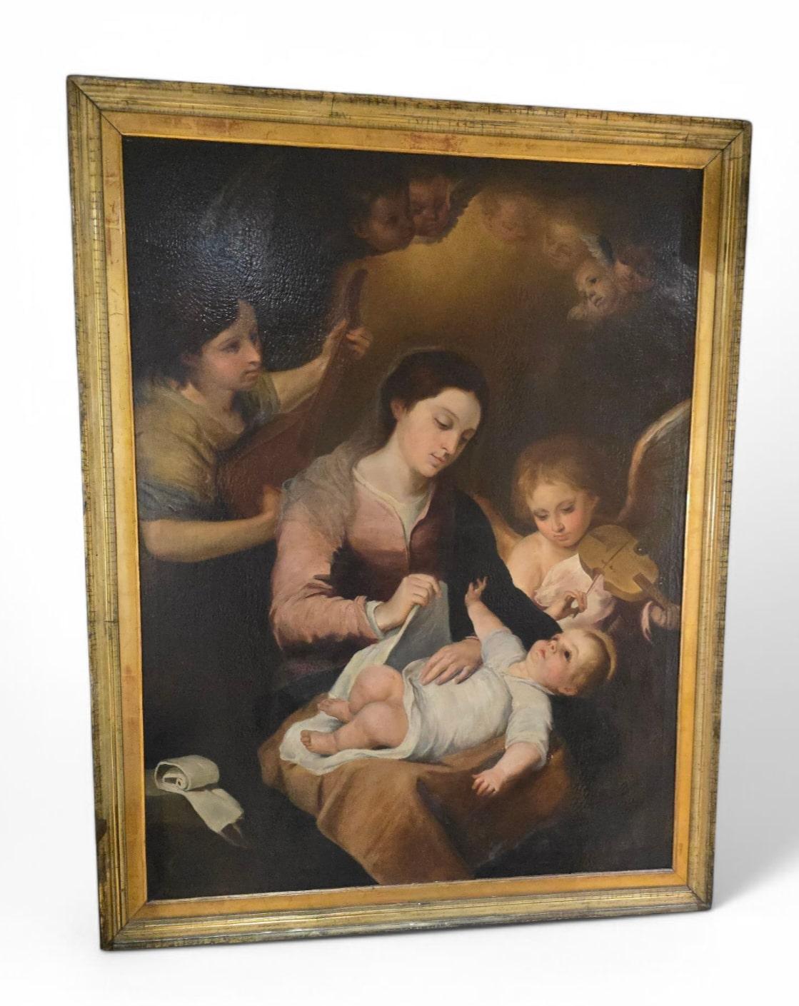 Huile sur toile du XIXe siècle - La Nativité de Jésus en vente 5