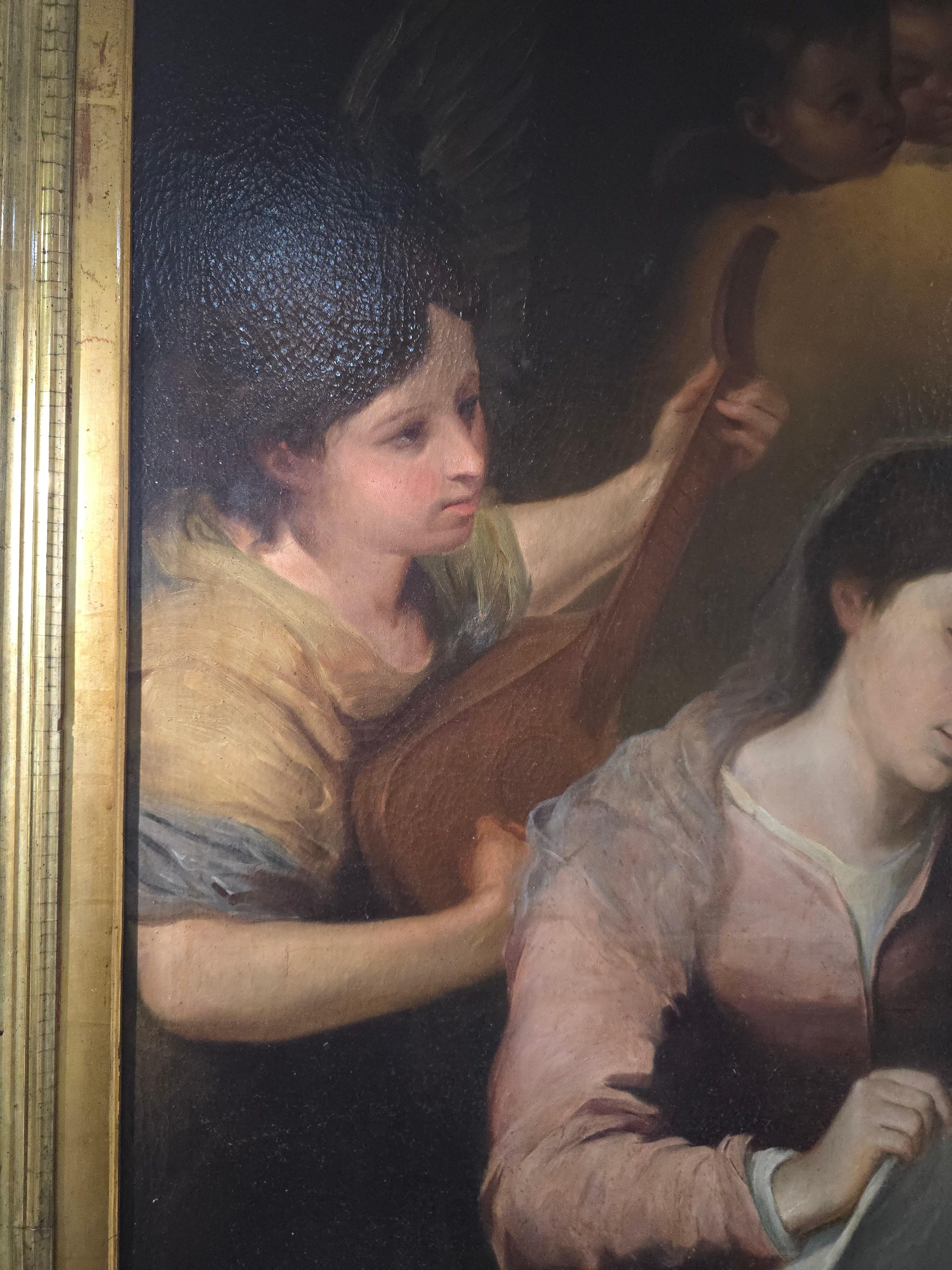 Belle peinture à l'huile sur toile du XIXe siècle représentant la Nativité de Jésus. L'œuvre d'art capture le moment sacré avec des détails fins et une utilisation magistrale de la lumière et de la couleur.

Elle est accompagnée de son cadre