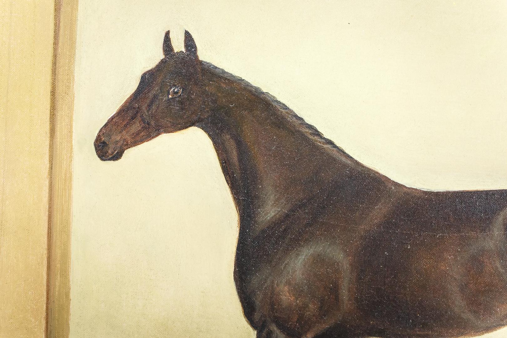 English 19th Century Oil on Canvas Thoroughbred Stallion in Stable