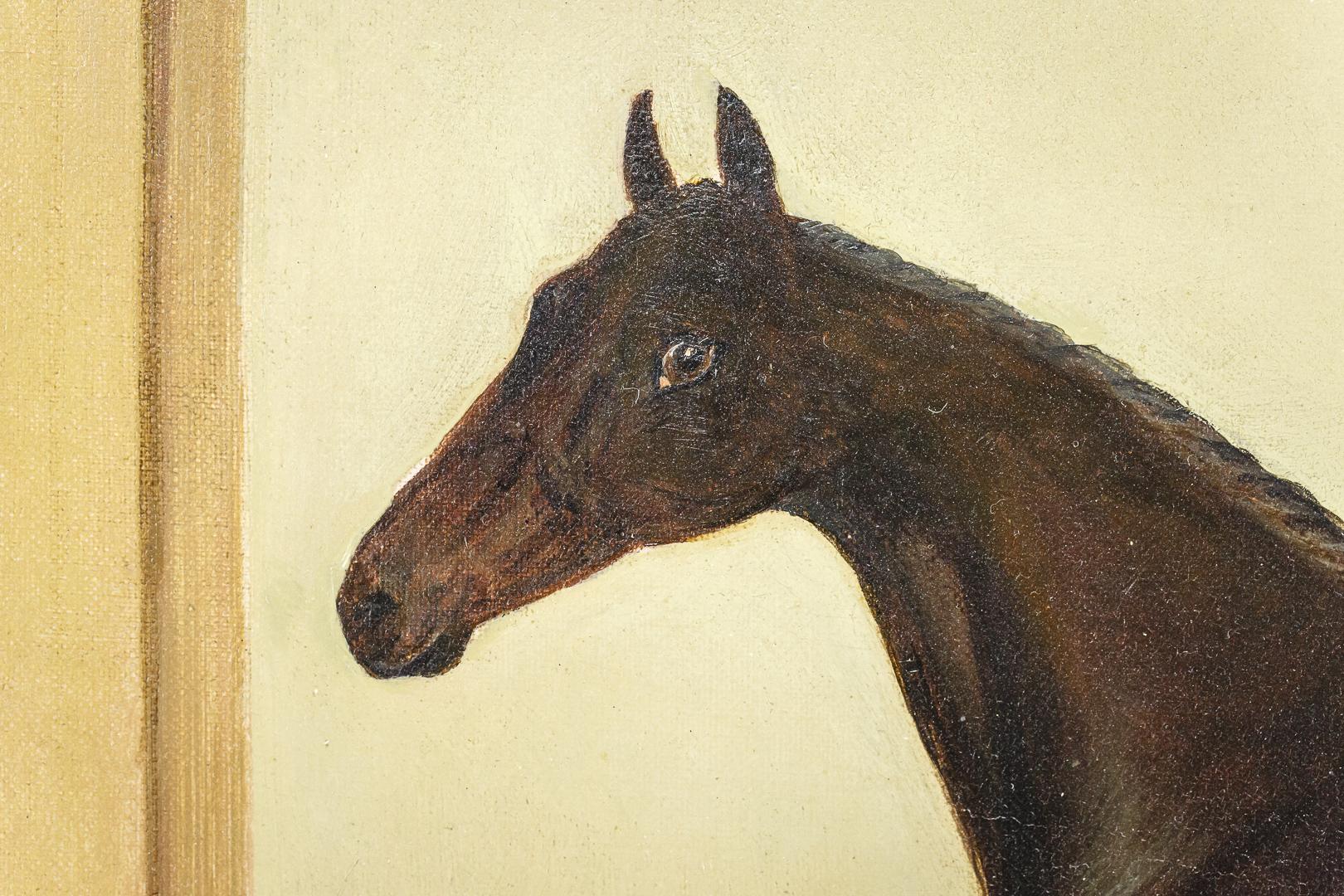 Painted 19th Century Oil on Canvas Thoroughbred Stallion in Stable