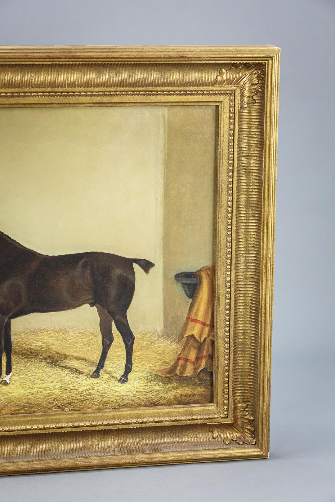 19th Century Oil on Canvas Thoroughbred Stallion in Stable 1