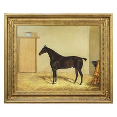 19th Century Oil on Canvas Thoroughbred Stallion in Stable