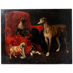 19th Century Oil on Canvas Titled "Dogs At Play" in a Period Gilt Frame