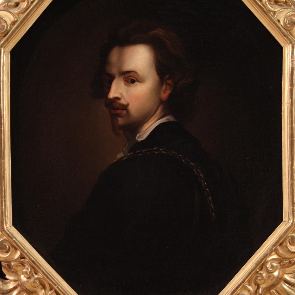 Antique Flemish painting from the first half of the 19th century. Oil on canvas artwork, first canvas, depicting a portrait of Van Dyck adorned with a fabulous coeval wooden frame, carved and gilded. Octagonal-shaped painting of nice size and