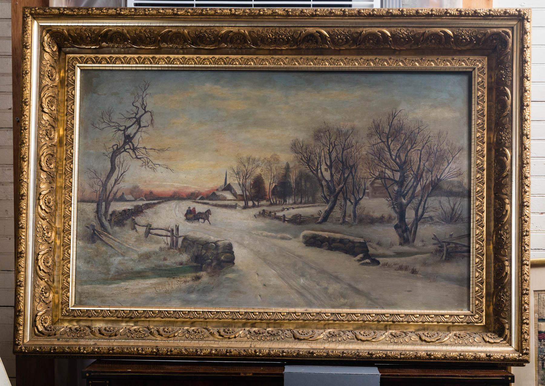 Two figures in a horse drawn sleigh, on a cold snow covered day. They have passed a farm and a church along the country road, approaching a stone bridge.
Set in a heavily carved giltwood frame.
The painting is unsigned.