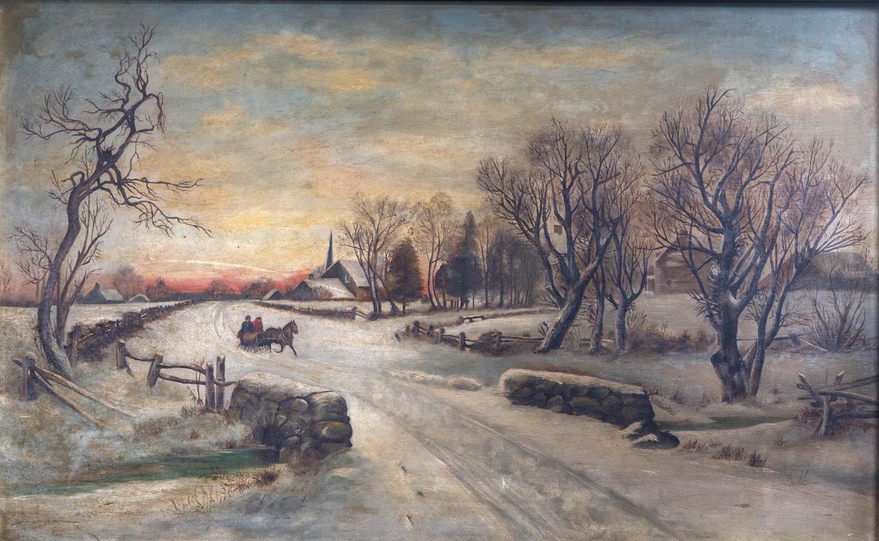 Hand-Painted 19th Century Oil on Canvas, Winter Scene