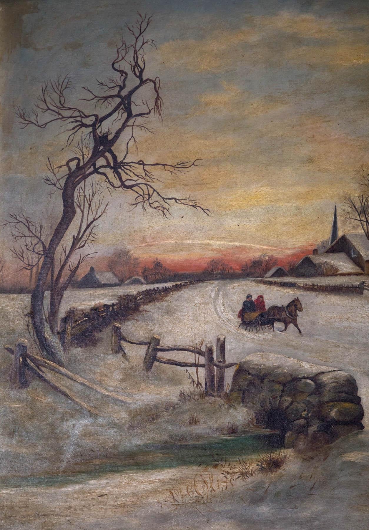 19th Century Oil on Canvas, Winter Scene In Fair Condition In Woodbury, CT