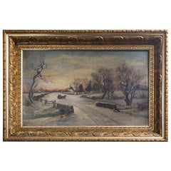 Antique 19th Century Oil on Canvas, Winter Scene