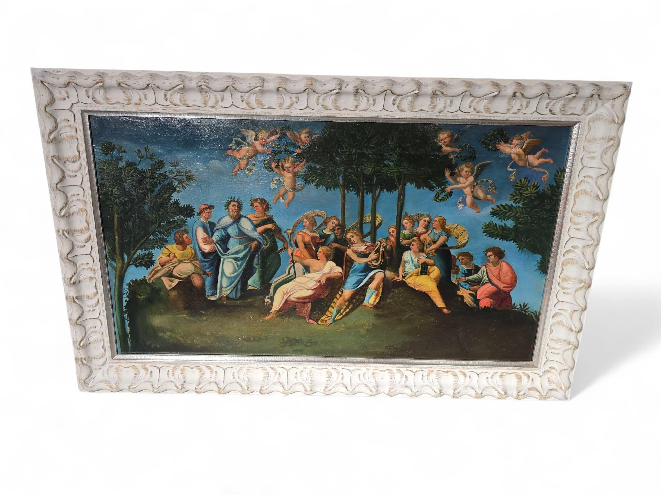 Huile décorative sur toile représentant une scène de bacchanale de la Grèce classique, finement exécutée au XIXe siècle. La composition capture la vitalité et le mouvement caractéristiques des célébrations mythologiques dédiées à Dedic.

Présentée