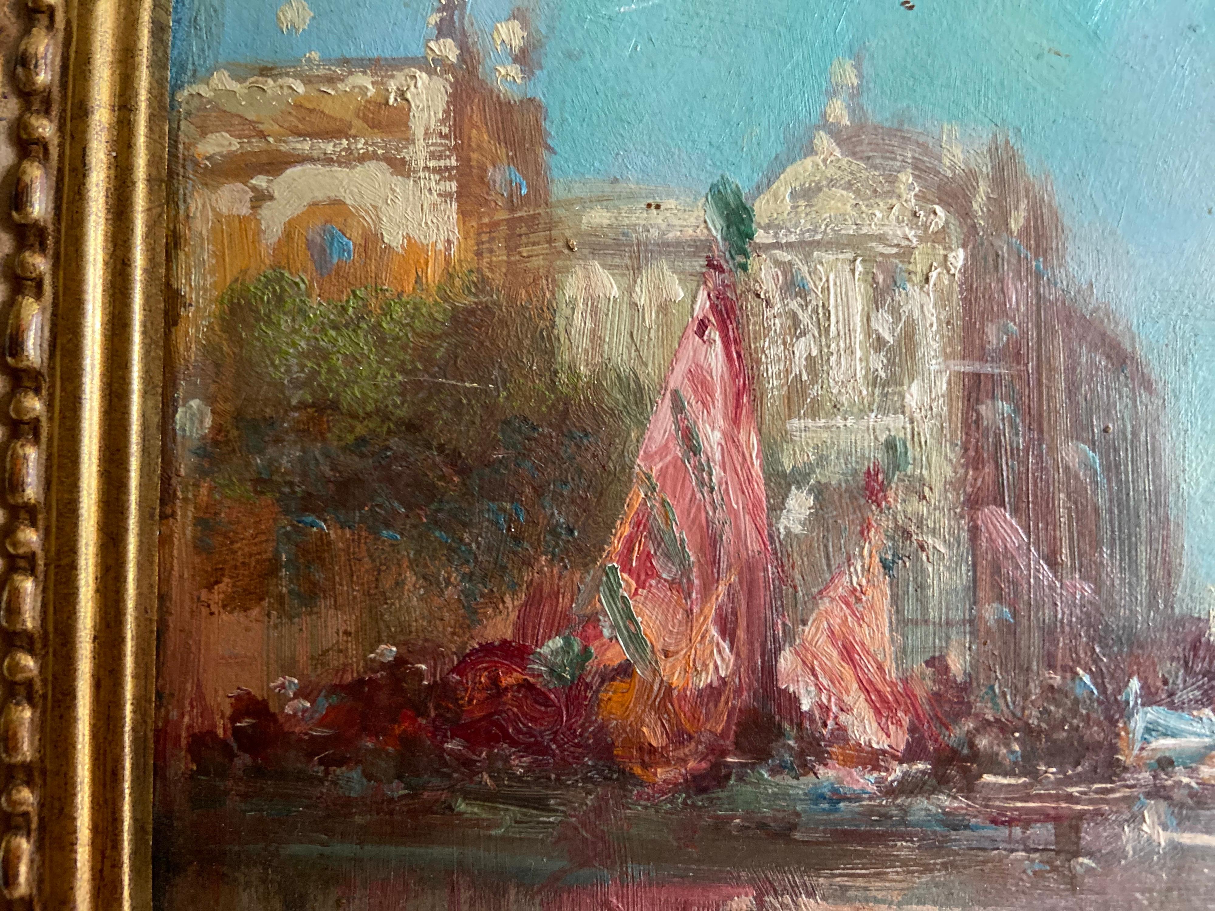 Farbenfrohe Landschaft von Venedig von Paul Ortiou, Öl auf Karton aus der Mitte des 19. Jahrhunderts.
Frankreich, um 1850.
 