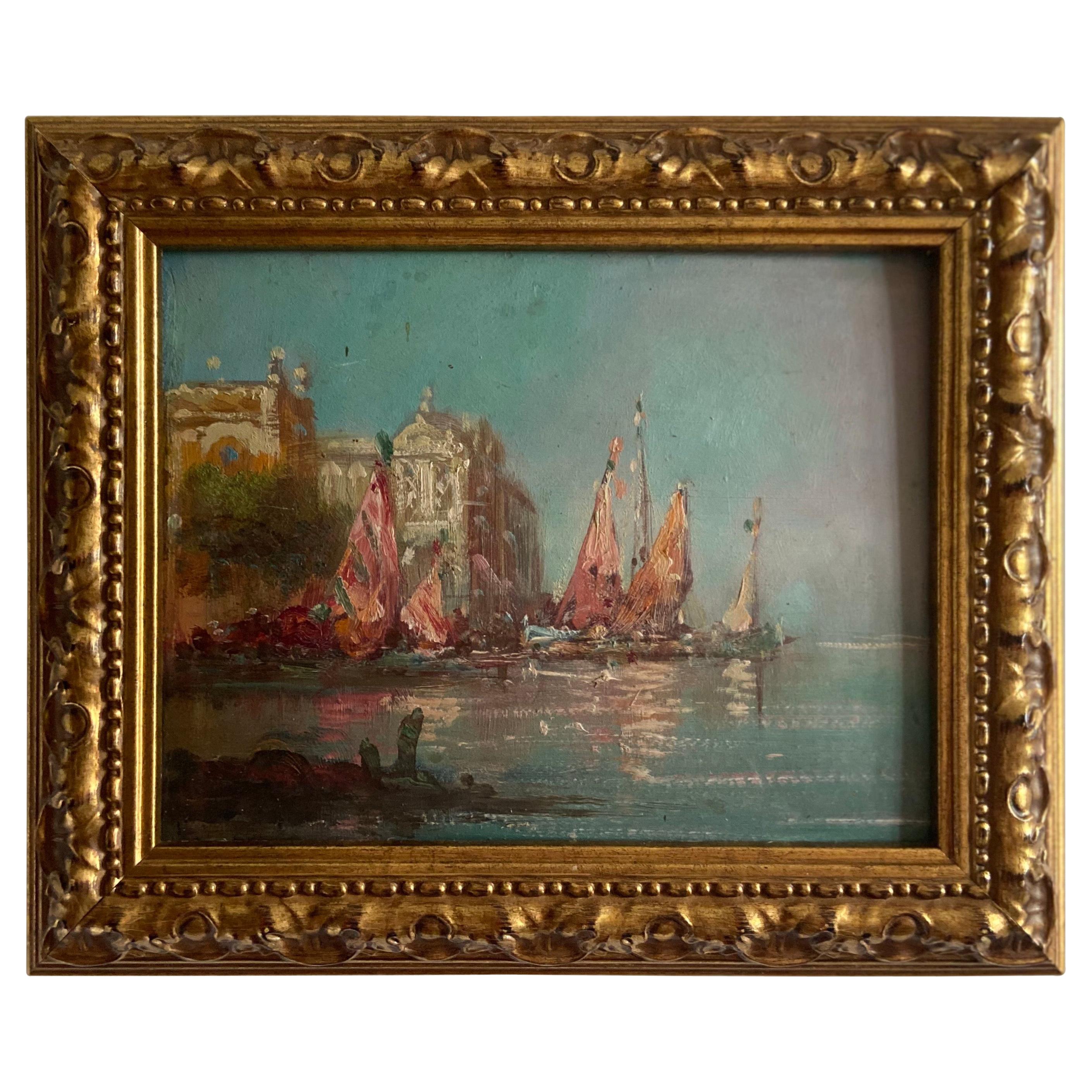 Peinture à l'huile sur carton du XIXe siècle "Venise" par Paul Ortiou