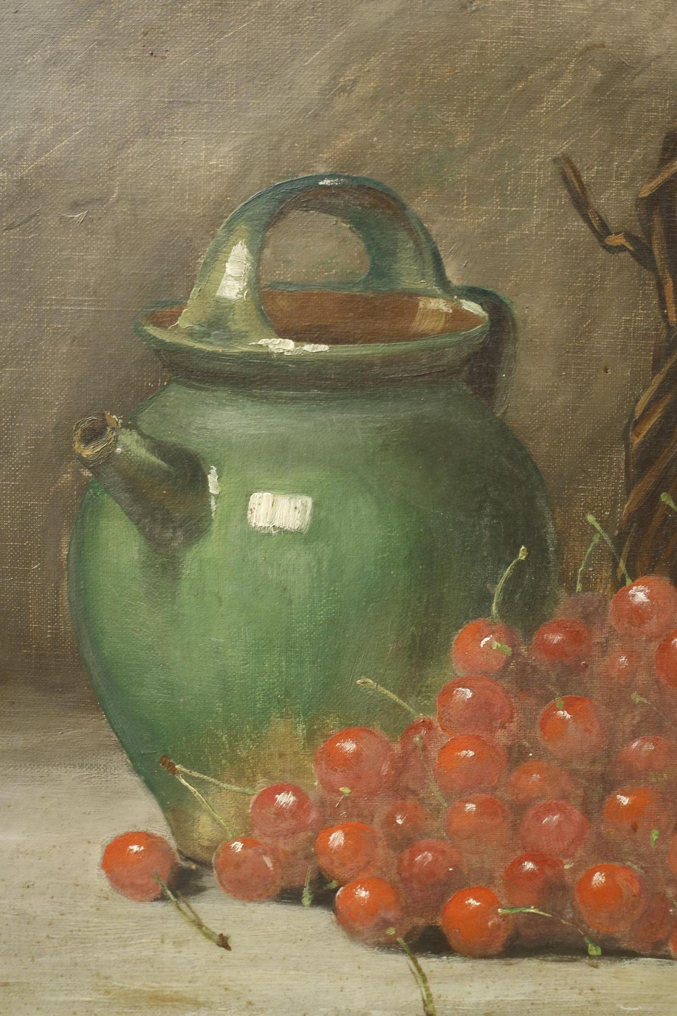 This is a very attractive well worn oil on canvas of a green confit pot and red cherries. The colours used and the wear make this huge decorative. The subject is also great as its a real French Provence feel. The condition although worn is perfectly