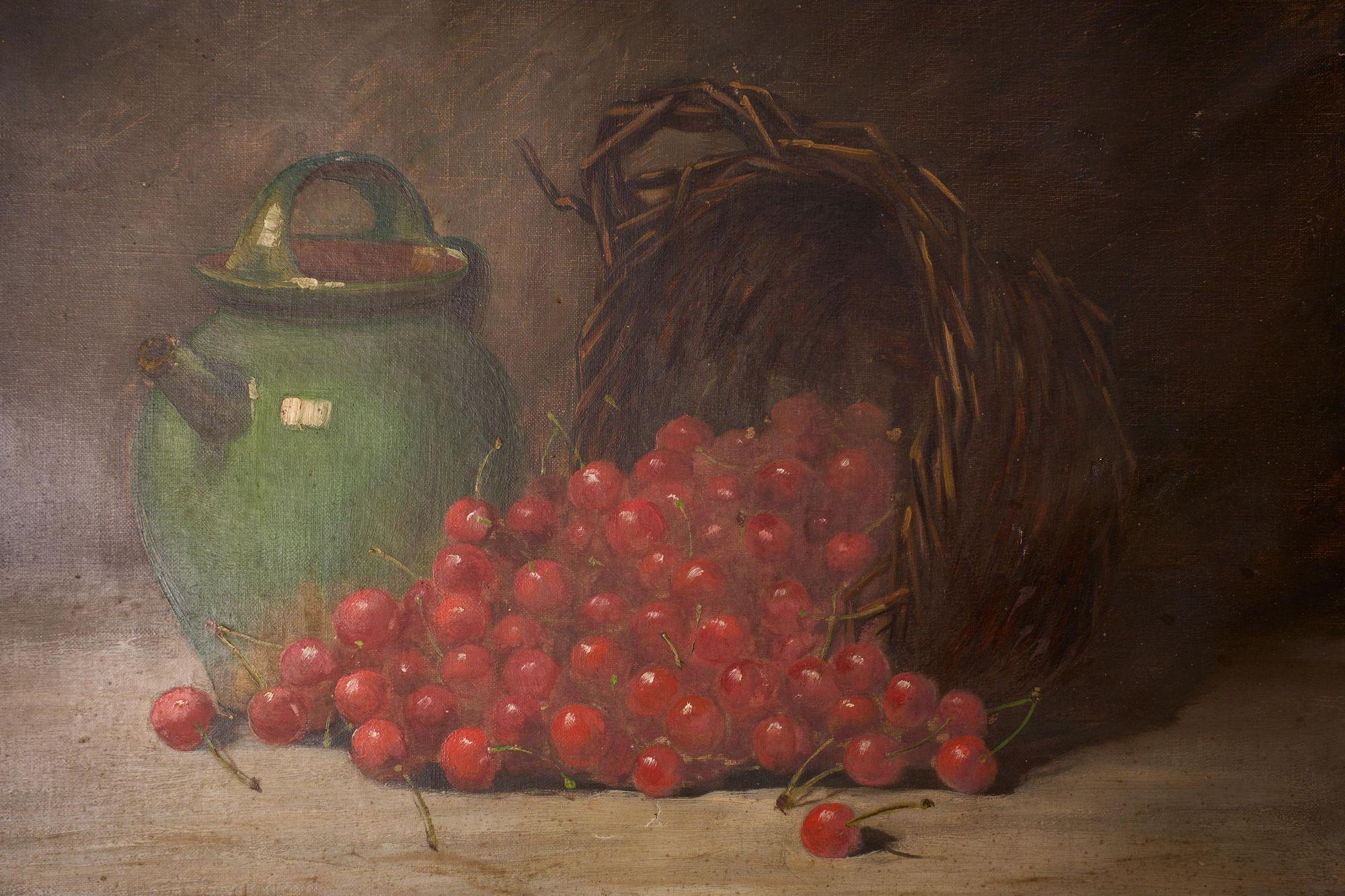 This is a very attractive well worn oil on canvas of a green confit pot and red cherries. The colours used and the wear make this huge decorative. The subject is also great as its a real French Provence feel. The condition although worn is perfectly