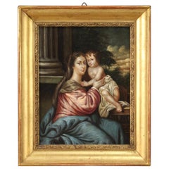 19th Century Oil on Copper Italian Antique Religious Painting Virgin with Child