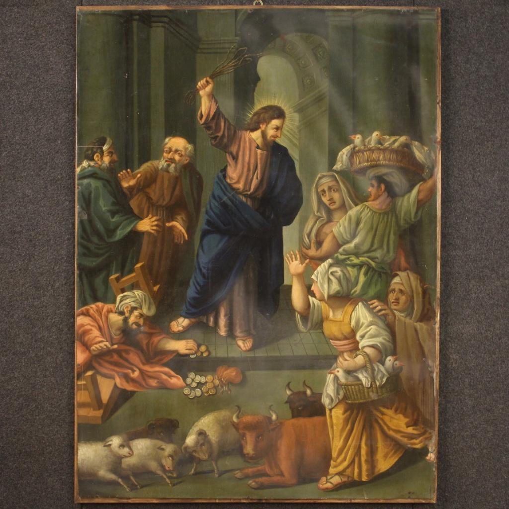 Ancient Italian painting from the late 19th century. Framework oil on copper depicting a religious subject Expulsion of merchants from the temple with good pictorial quality. Painting of great measure and impact, full of characters and decorative