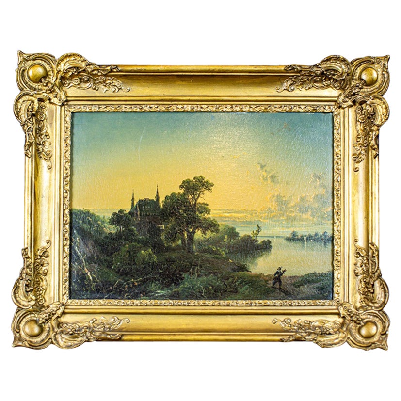 Öl auf Hartfaserplatte aus dem 19. Jahrhundert mit Naturdarstellung in Goldrahmen im Angebot