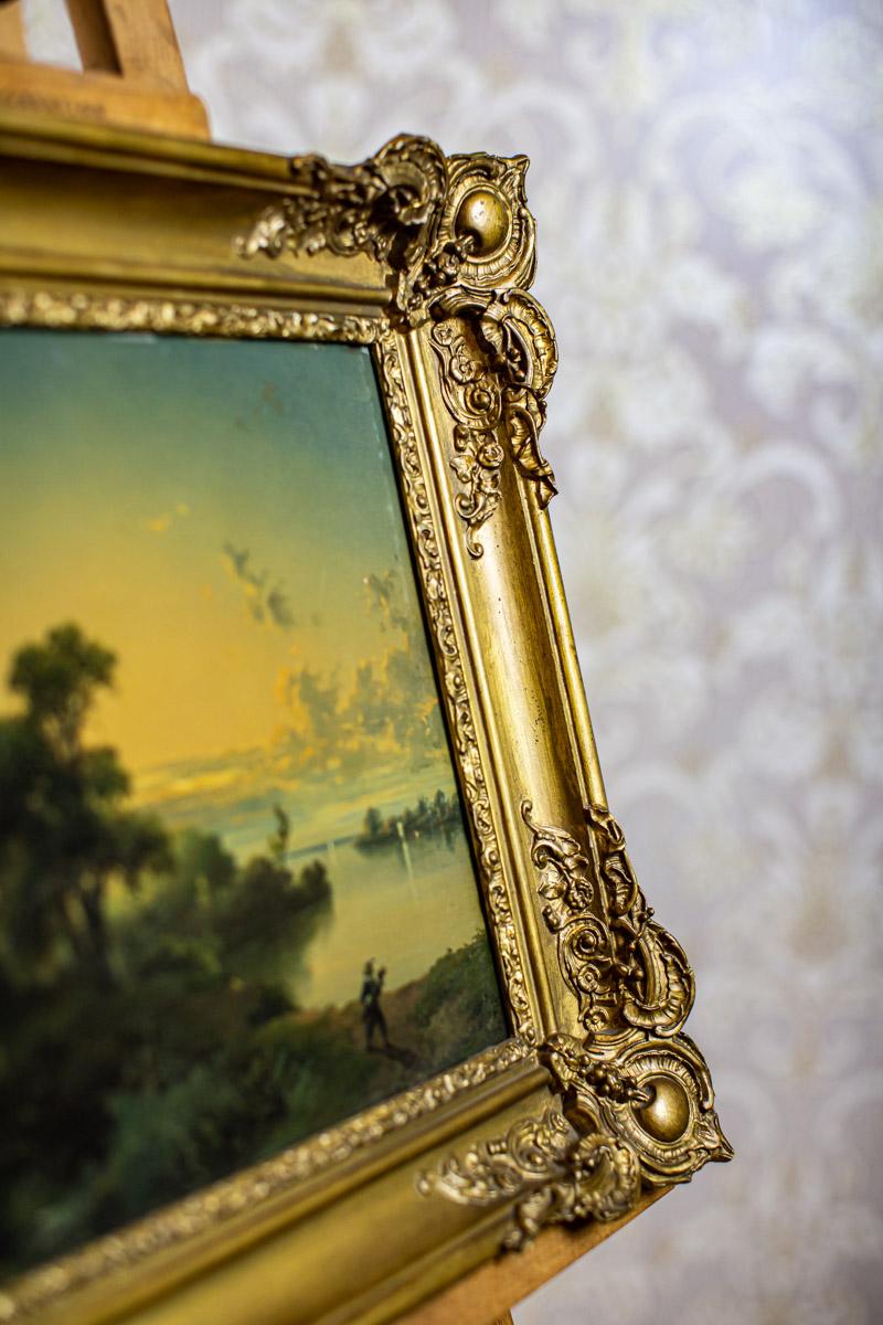 European 19th-Century Oil on Hardboard Depicting Nature in Gold Frame For Sale