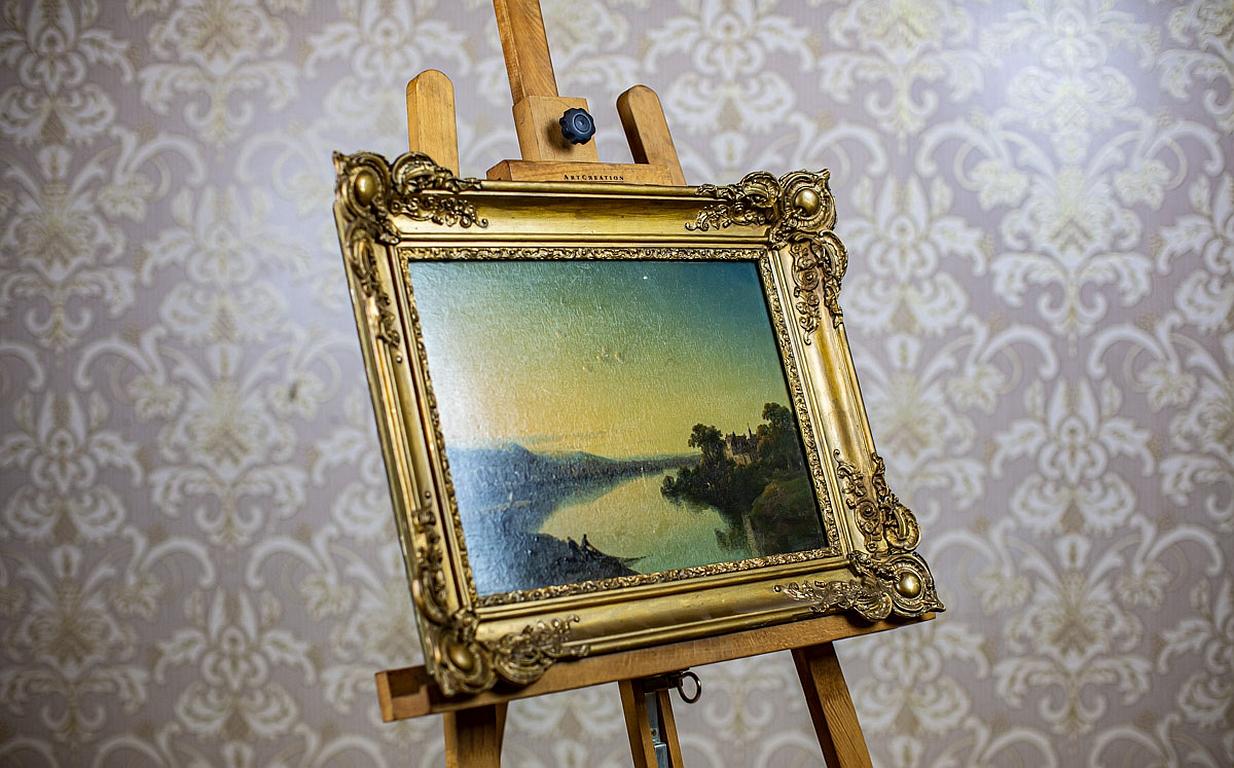 European 19th-Century Oil on Hardboard Depicting River in Gold Frame For Sale