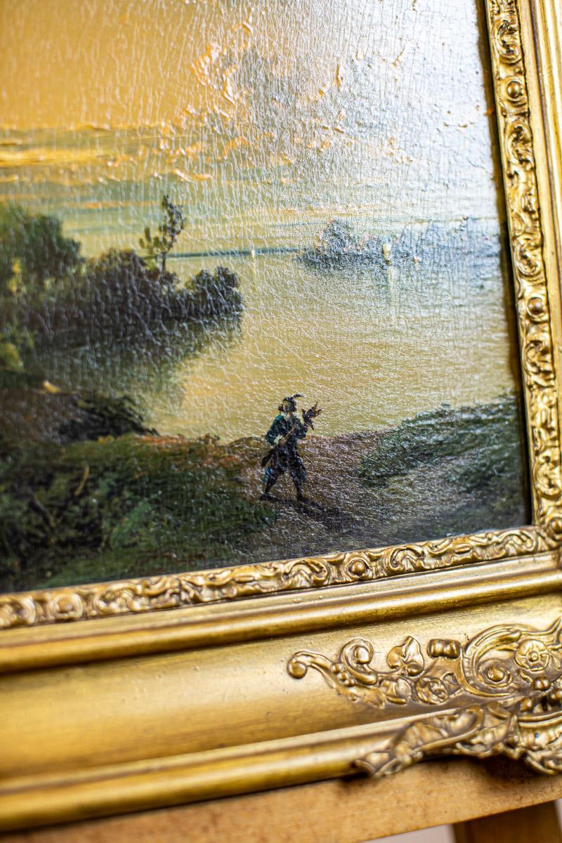19th-Century Oil on Hardboard Depicting Nature in Gold Frame In Good Condition For Sale In Opole, PL