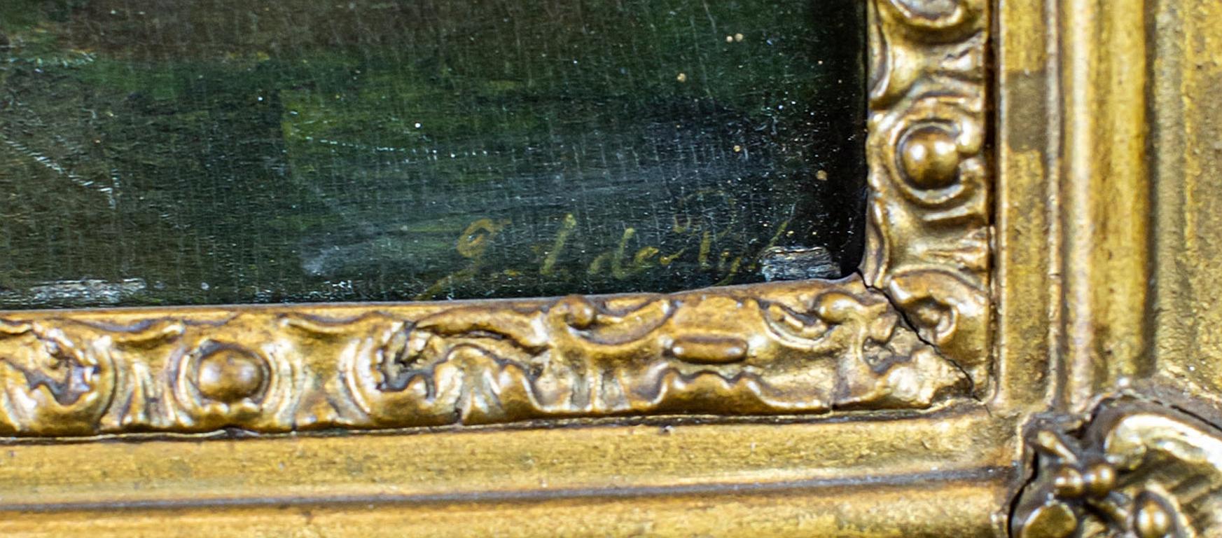 Huile sur panneau rigide du XIXe siècle représentant une rivière dans un cadre doré Bon état - En vente à Opole, PL