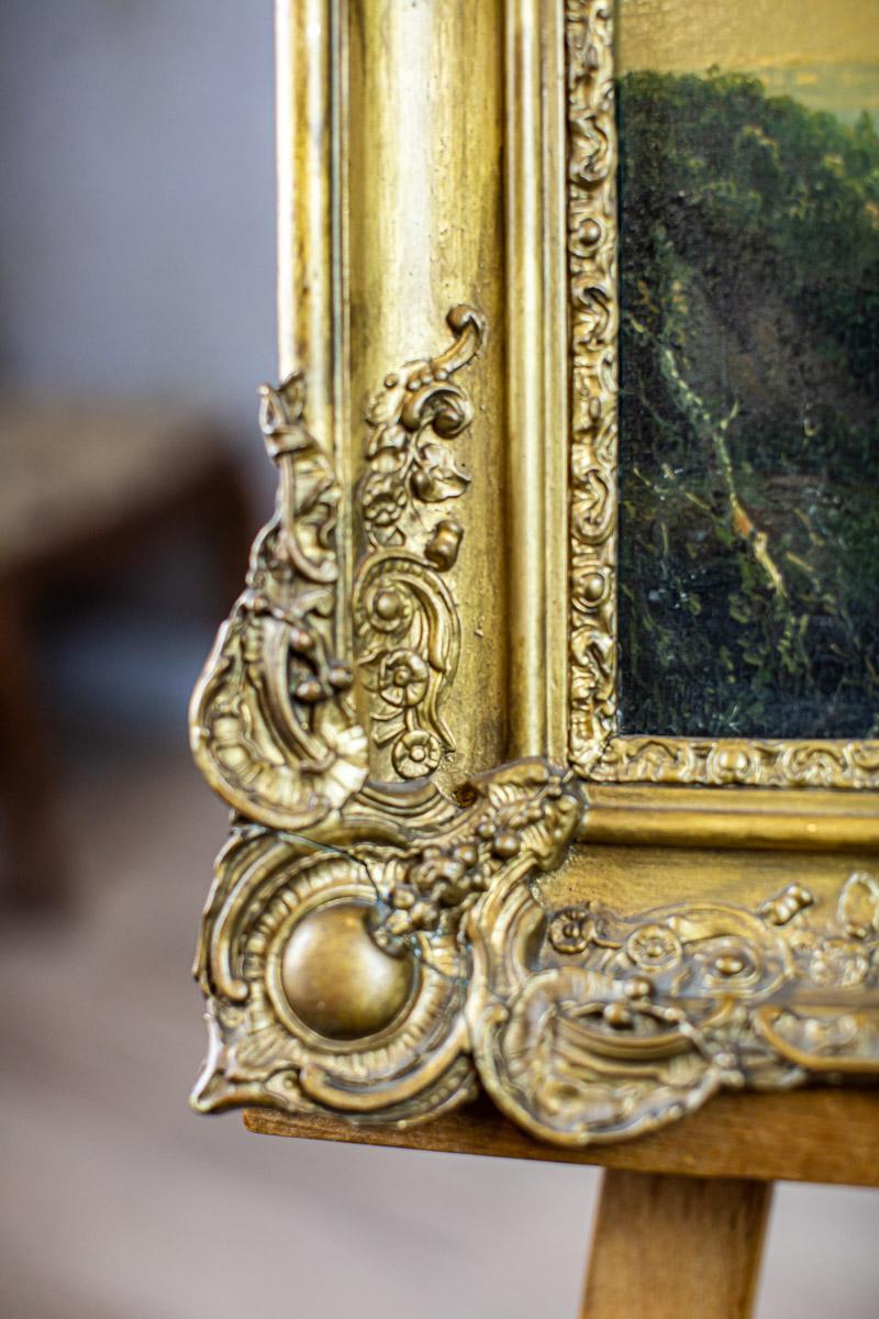 19th Century 19th-Century Oil on Hardboard Depicting Nature in Gold Frame For Sale