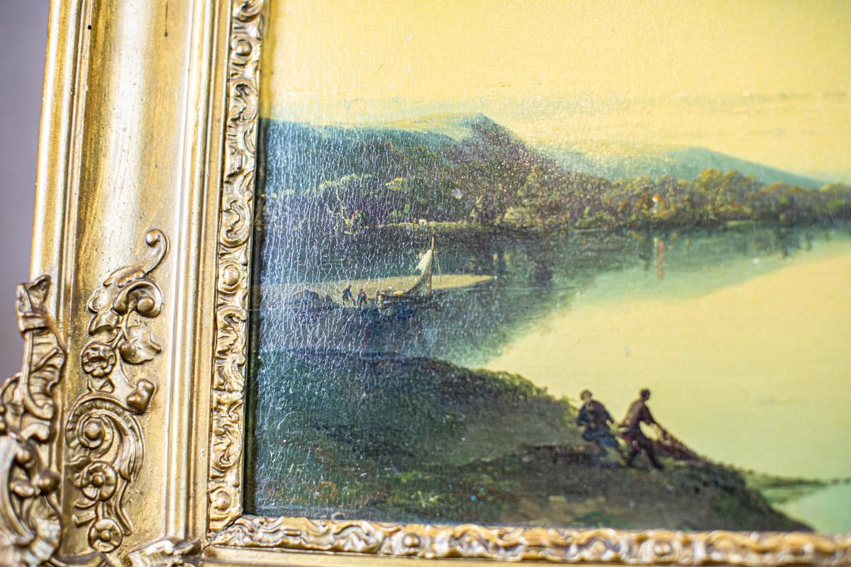19th Century 19th-Century Oil on Hardboard Depicting River in Gold Frame For Sale