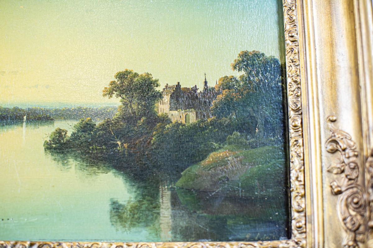 Paint 19th-Century Oil on Hardboard Depicting River in Gold Frame For Sale
