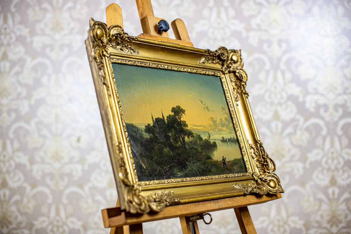 19th-Century Oil on Hardboard Depicting Nature in Gold Frame For Sale 1