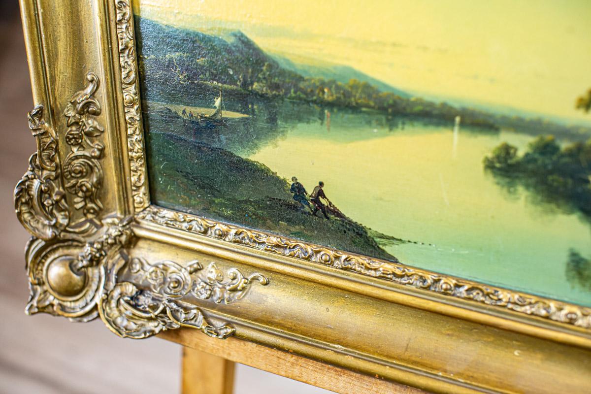 19th-Century Oil on Hardboard Depicting River in Gold Frame For Sale 1