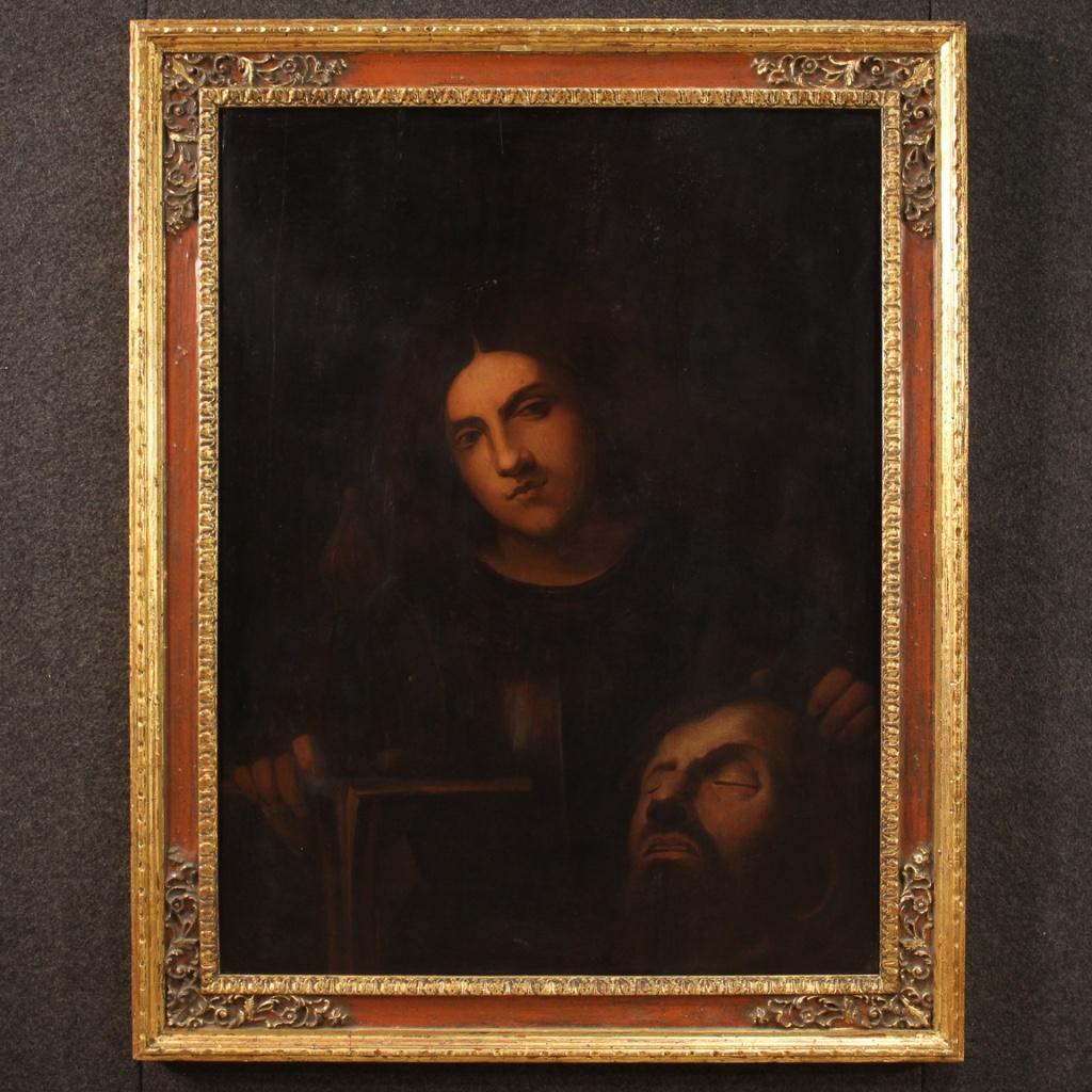 Great Italian painting from the late 19th century. Framework oil on panel of exceptional size and impact depicting a biblical subject, David with the head of Goliath, of good pictorial quality. Seventeenth-century style painting, with a dark