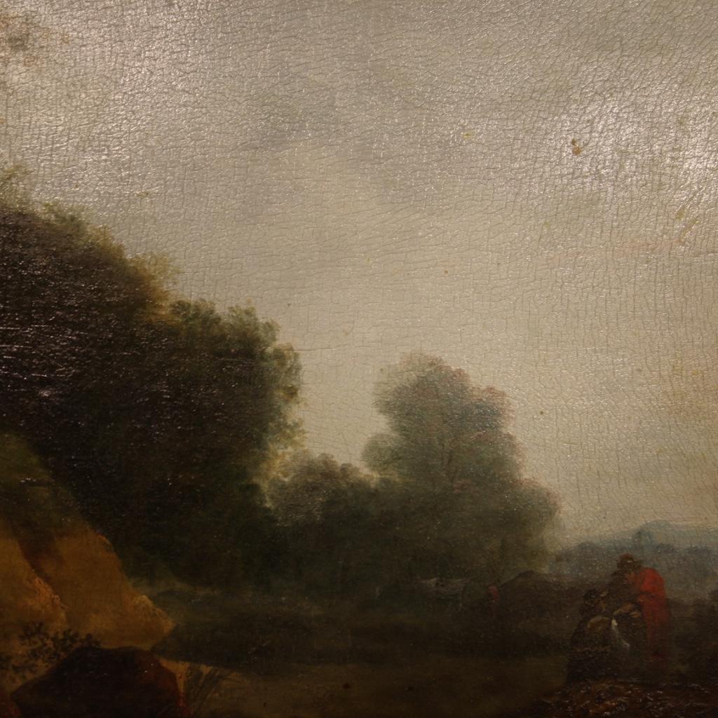 Belgian 19th Century Oil on Panel Flemish Painting Landscape with Characters, 1870