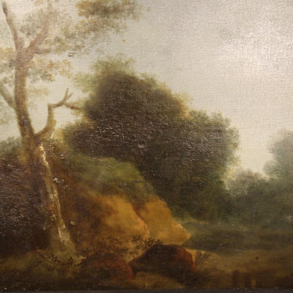Wood 19th Century Oil on Panel Flemish Painting Landscape with Characters, 1870
