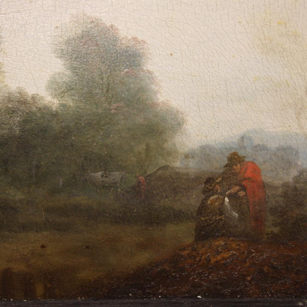 19th Century Oil on Panel Flemish Painting Landscape with Characters, 1870 1