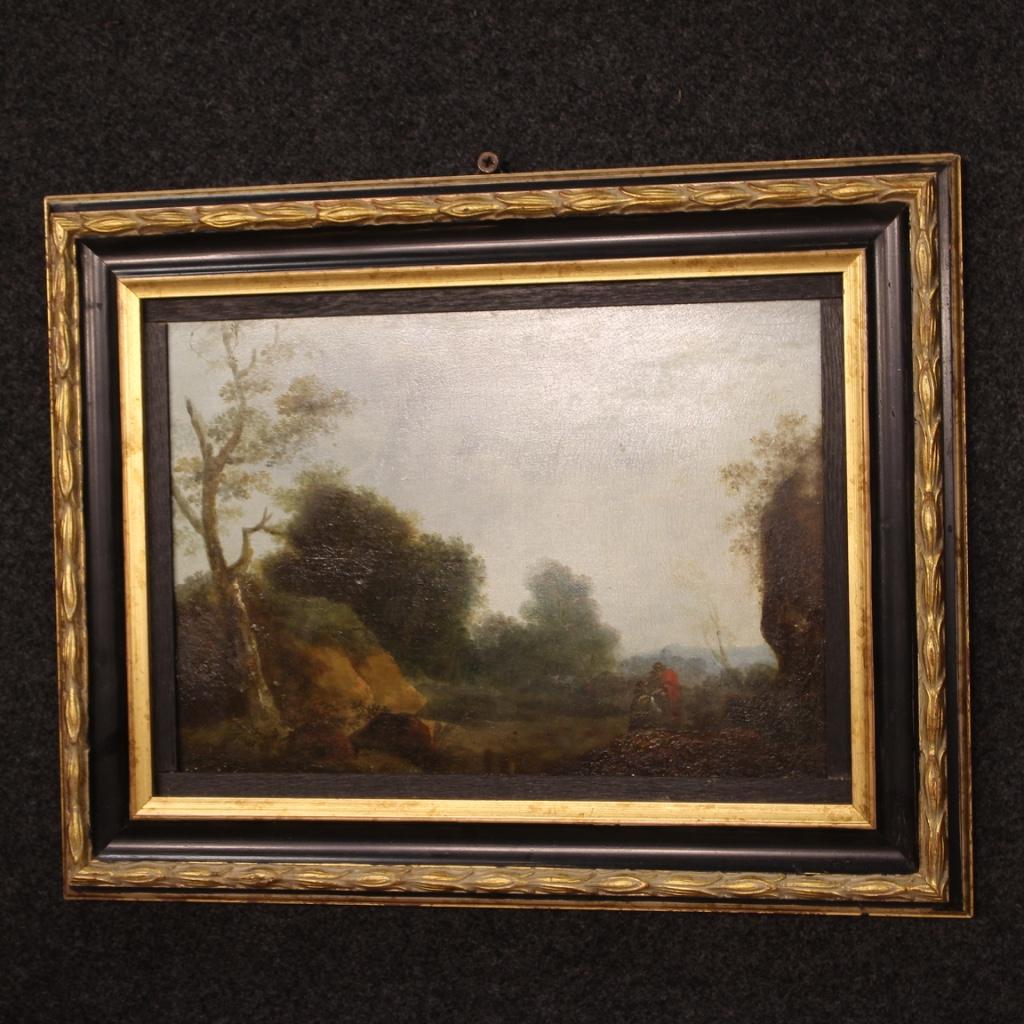 19th Century Oil on Panel Flemish Painting Landscape with Characters, 1870 3