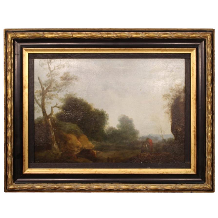 19th Century Oil on Panel Flemish Painting Landscape with Characters, 1870