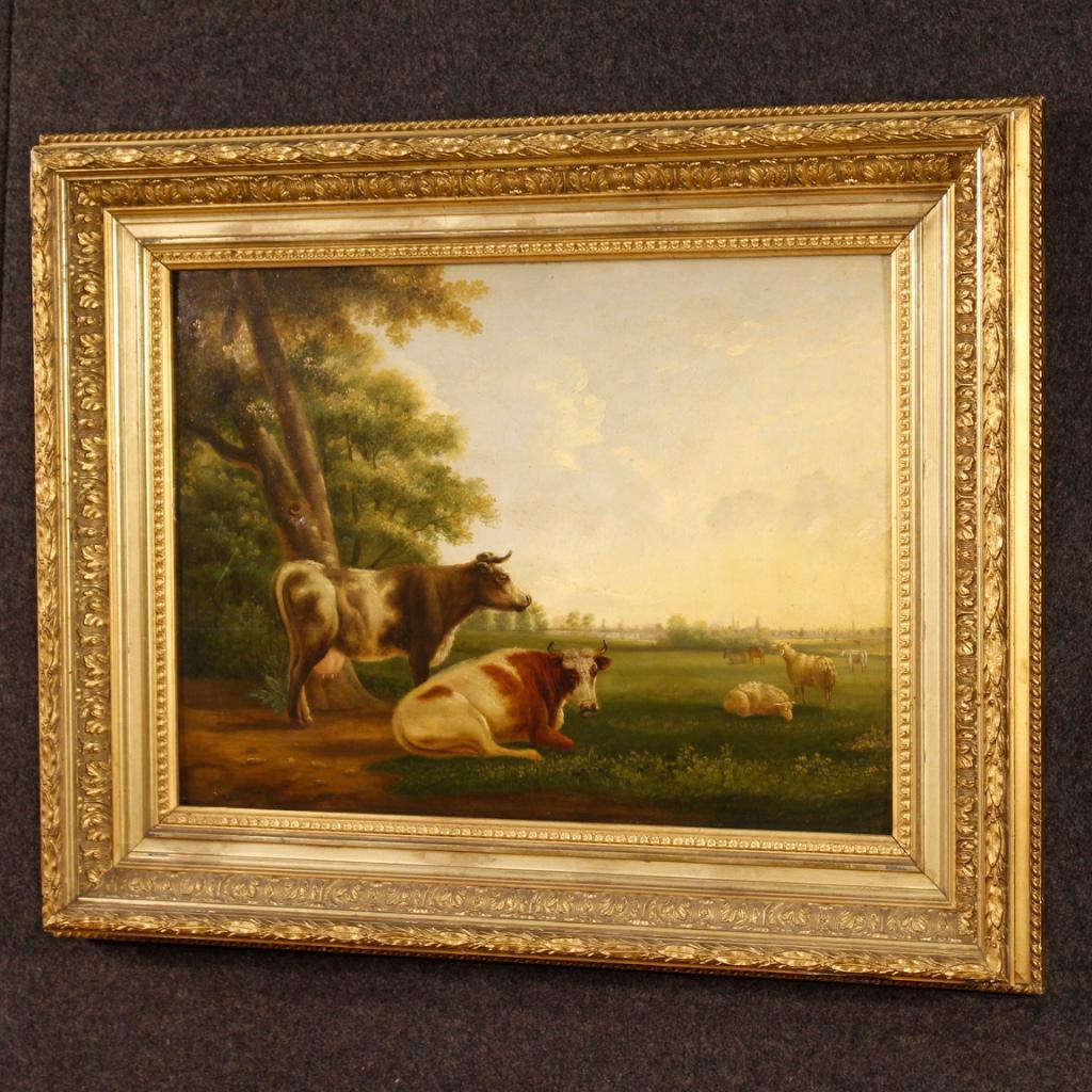 19th Century Oil on Panel Flemish Painting Landscape with Cows, 1870 3