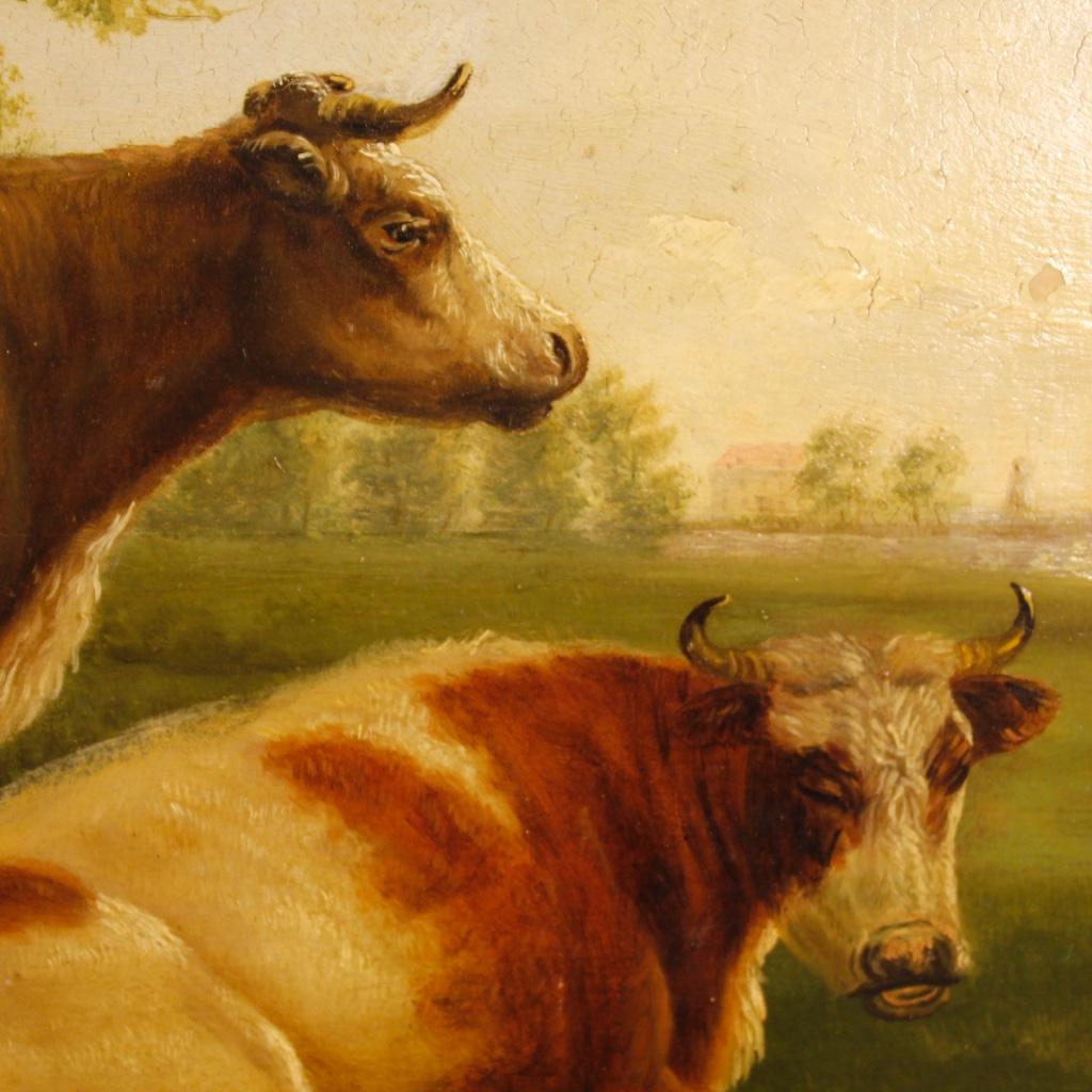 Belgian 19th Century Oil on Panel Flemish Painting Landscape with Cows, 1870