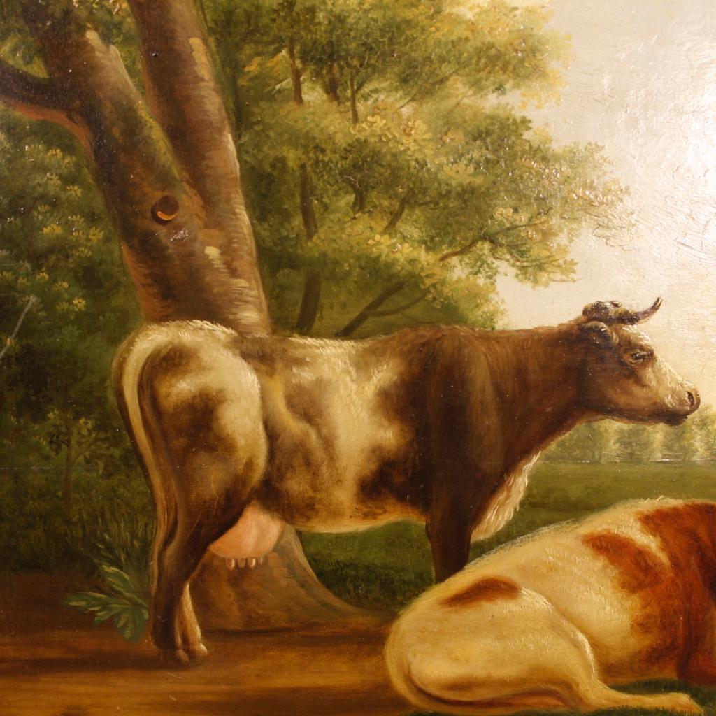Gilt 19th Century Oil on Panel Flemish Painting Landscape with Cows, 1870